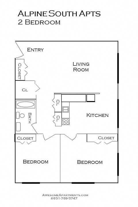 Floor plan for 1 bed, 1 bath, 759 sqft
